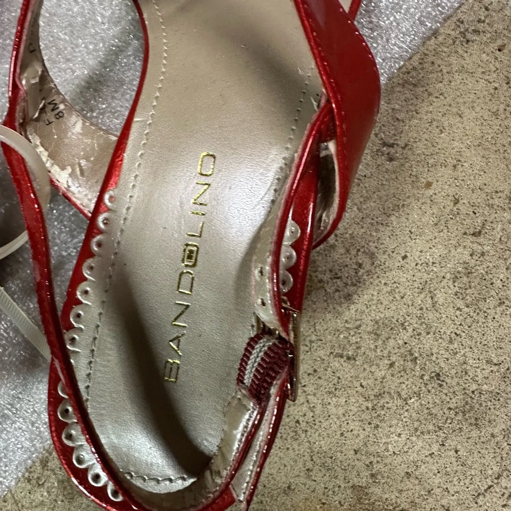 Bandolino Red Patent T-Strap Wedge Heels with Gold Accents